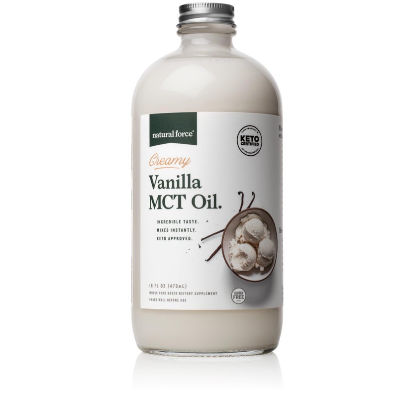 Natural Force Creamy Vanilla MCT Oil Non Dairy Keto Certified Emulsified MCTs for LowCarb Ketogenic Coffee Smoothies Shakes Mixes Instantly No Blending Required 16 Oz Glass Bottle